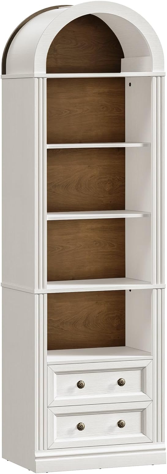 RALGEND Tall Narrow Bookshelf, Arched Bookshelf with 2 Drawers, 7-Tier Farmhouse Arch Bookcase, Wooden Book Shelf with Open Display Shelves for Office, Living Room, Kitchen, White and Walnut