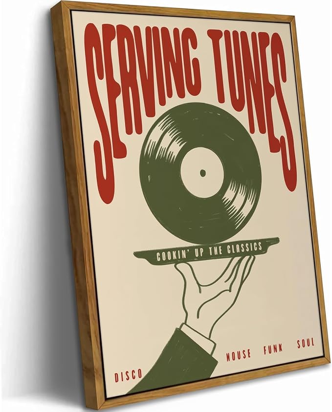 Floating Framed Funny Vinyl Record Canvas Wall Art, Vintage Abstract Music Print Poster, Minimalist Listening Lounge Decor, for Bar, Cafe, Kitchen, Dining Room, Restaurant, Home Decoration, 16x24in