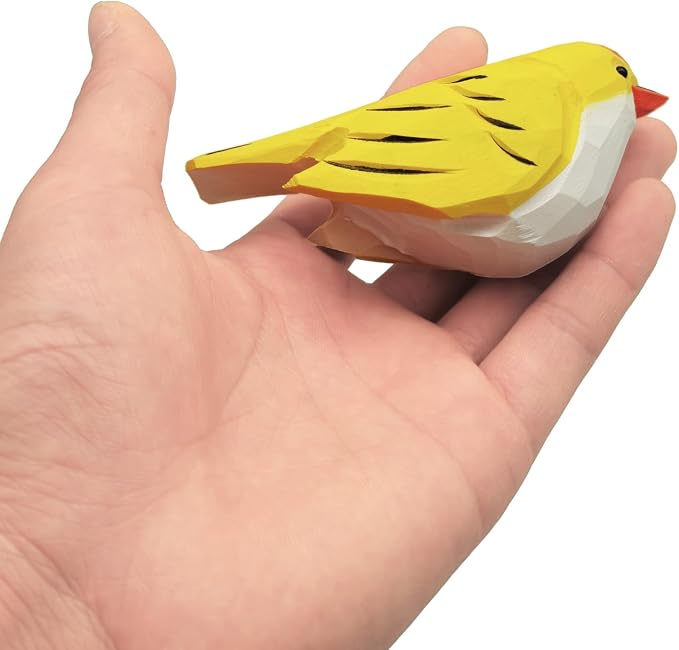 DIYOMR Bird Figurine, Hand Carved Birds Wood Décor, Art Animal Wooden Sculpted Bird with Wood Block, Vivid Bird Statue for Gift Home Table Ornament Decor (Yellow Bird)