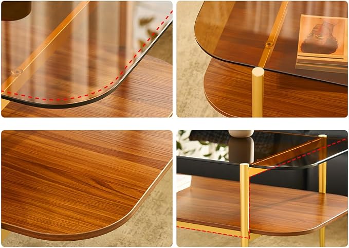 Saint Mossi Tadio Double Layer Glass Coffee Table for Living Room, Brown Glass & Coffee Brown MDF Bottom Shelf with Rounded Corners, L41xW21xH17
