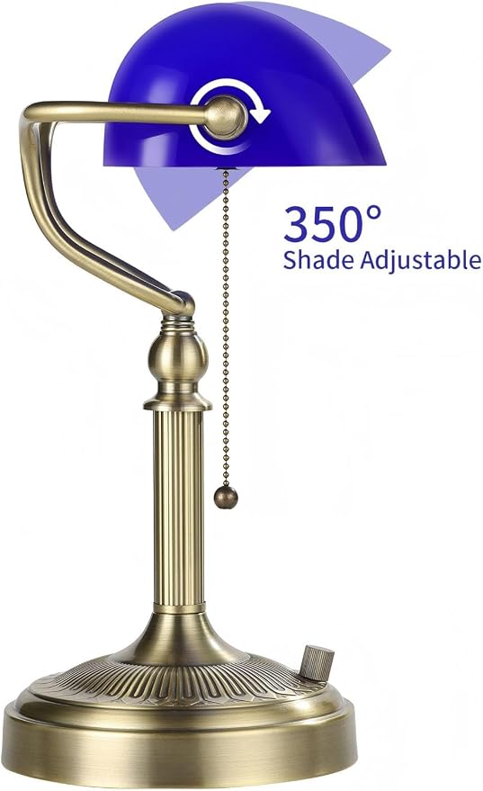 Blue Glass Bankers Desk Lamp, Stepless Dimmable Table Lamp Plug in Fixture for Study, Home Office, LED Bulb Included