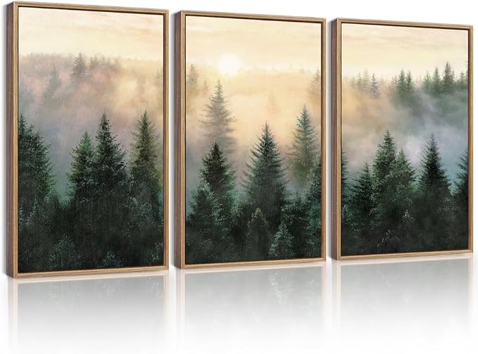 KUVIOKE Sun Dawn Fog Pine Tree Framed Wall Art Morden Nature Nordic Forests Artwork Bedroom Decor 16x24in (Natural Framed)
