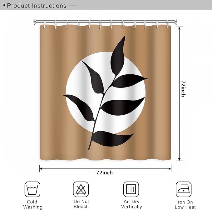 Abstract Bohemian Bathroom Shower Curtain - White Circle Eucalyptus Leaves Boho Tan With Hooks, Waterproof Polyester for Modern Aesthetics Home Decor, 72x72 Inch