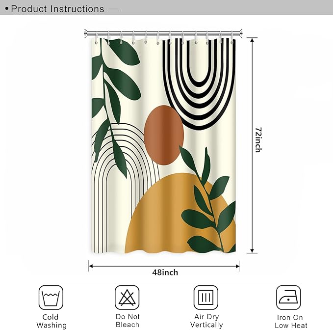 Abstract Mid Century Bohemian Bathroom Shower Curtain - Orange Sun, Green Eucalyptus Leaves, Arch Design - Waterproof Fabric Polyester With Hooks - Home Decor, 48x72 Inch