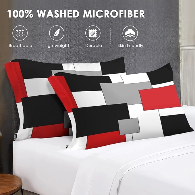 WeCozy 5 Pcs Twin Size Comforter Set with Pillowcase & Sham, Red and Black Geometric Bedding for Kids and Adults, Abstract Gray Bed in a Bag with Flat Fitted Sheet