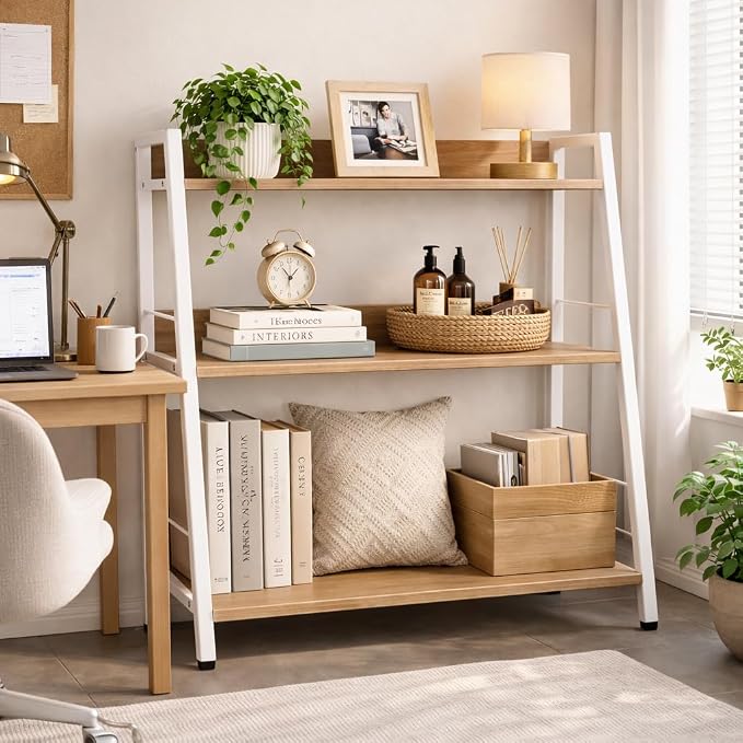 Ladder Shelf, 3 Tier Bookshelf, Small Bookshelf for Small Spaces, Wood and Metal Bookcase, Ladder Bookshelf, Modern Storage Shelf for Living Room and Office (White, Ladder)