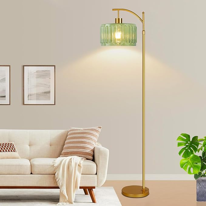 Glass Floor Lamp for Living Room,Bedroom,Gold Mid Century Modern Standing Lamp with Remote,Dimmable Brass Tall Lamp Vintage Retro Green Arc Flower Floor Light Boho Bohemian