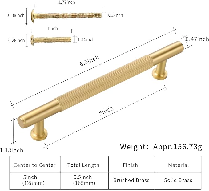 SALISENG-2 Pack Brushed Gold Cabinet Pulls,Solid Brass Dresser Drawer Handles, 5 Inches Modern Furniture Door Pulls for Bedroom Bathroom Cabinet Hardware