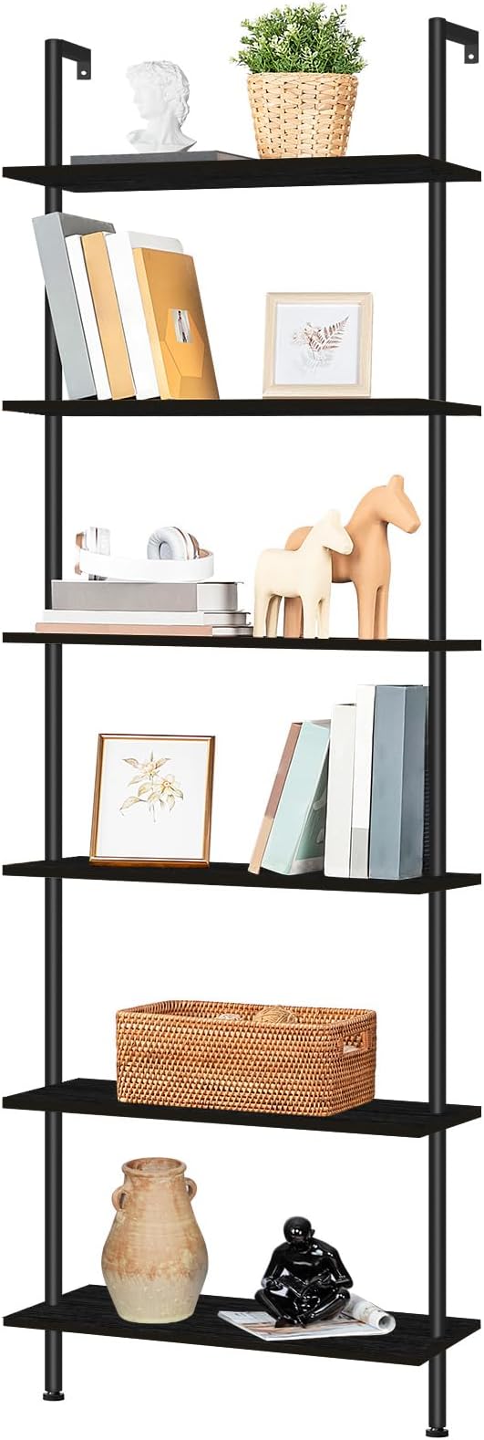 HOOBRO DIY Ladder Shelf, 6-Tier Wall Mounted Bookshelf, Office Vertical Bookcase, Wooden Storage Shelves for Home Office, Bedroom, Black BB65CJ01