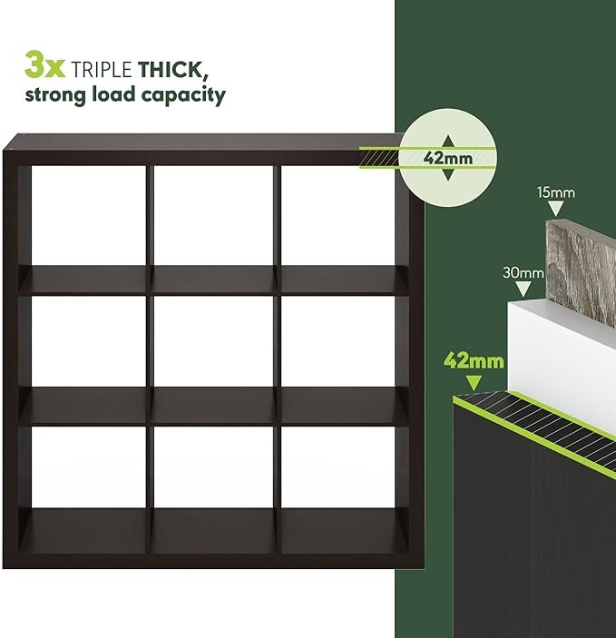 Furinno Cubicle Book Shelf, 9-Cube Bookshelf, Triple Thick Frame Cube Storage Organizer, 1.65" Thick Bookcase, 15.4" x 43.8" x 43.4", for Home Office, Living Room, Black Oak