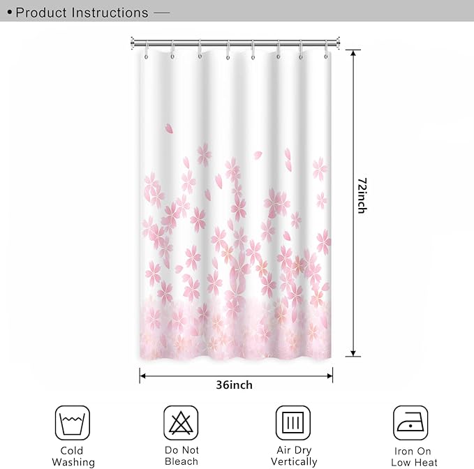 Pink Floral Bathroom Shower Curtain Cherry Blossom Dreamy Flowers Petal Shower with Hooks Polyester Waterproof Fabric Girly Home Decorative Bathtub, 36x72 Inch
