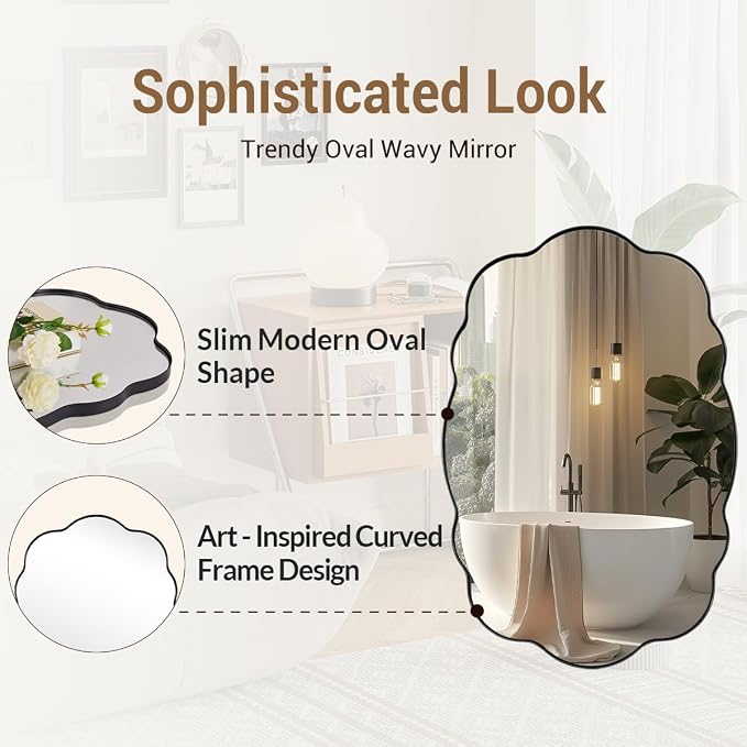 ANDY STAR Matte Black Wavy Scalloped Wall Mirror -30x48 Inch Large Wavy Oval Bathroom Mirror, Living Room & Entryway, Anti Rust Stainless Steel MetalWall Mount Horizontal or Vertical