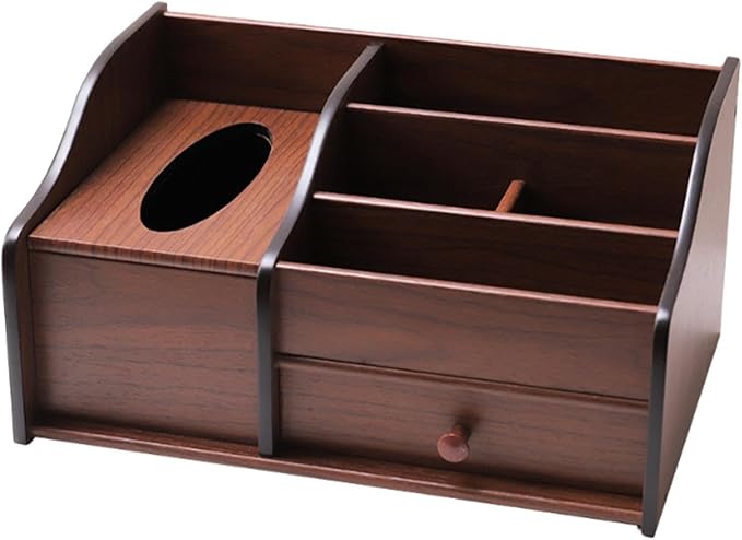 Fenteer Wood Desk Organiser with Drawer, Desk Tidy Container Case Vintage Design Tissue Box Cover Pen Holder for Living Room Counter