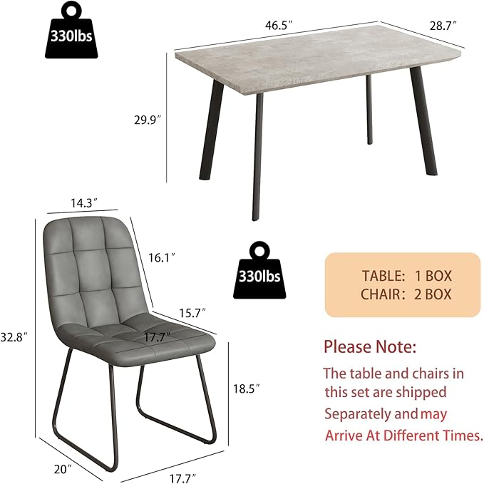 ZckyCine 46.5" Modern Grey Dining Table Set for Small Spaces, 5-Piece Set with Rectangular Table & 4 Padded Leather Chairs, Compact, Sturdy & Easy to Assemble (Table + 4 Grey Dining Chairs, 46.5")