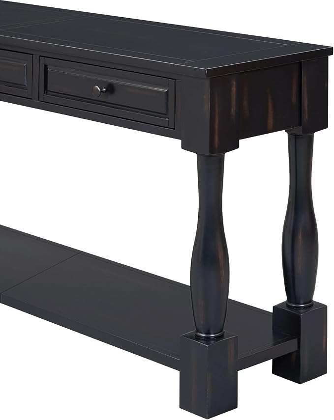 merax LUMISOL 64 inch Long Console Table with 3 Drawers and Bottom Shelf, Sofa Table Entryway Table for Hallway, Living Room, Easy Assembly (Distressed Black)