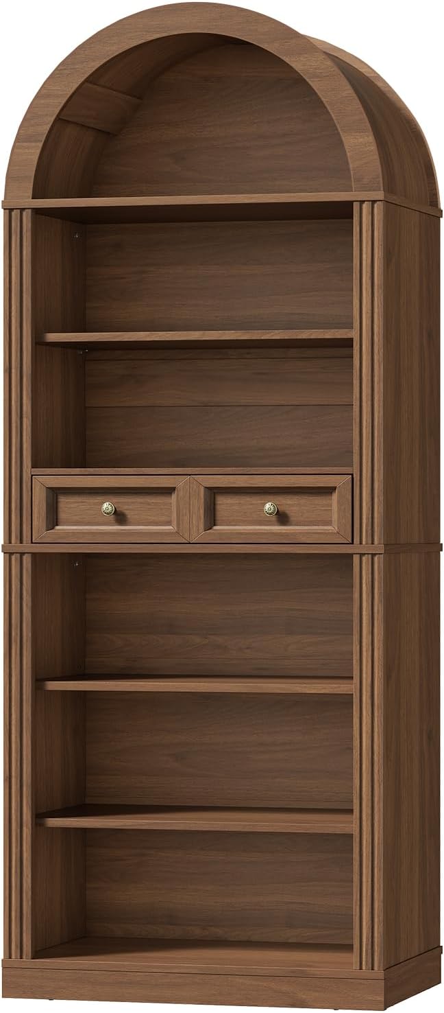 RALGEND Arched Bookshelf, 73" Tall Arch Bookcase with Drawer, 6-Tier Farmhouse Book Shelf, Wooden Bookshelf with Open Display Shelves for Living Room, Office, Adjustable Shelf, Walnut