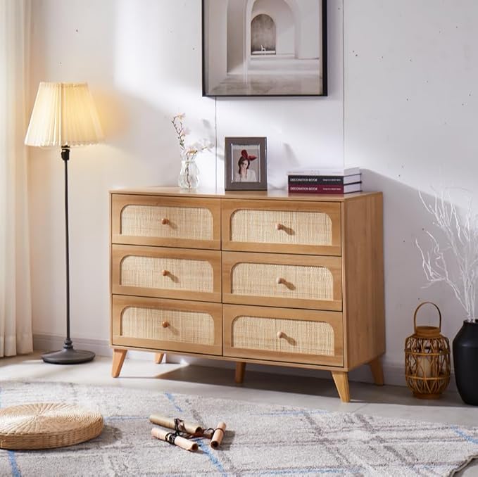Dresser for Bedroom with 6 Drawers – Wide Chest of Drawers with Pulls Handles, Solid Wood Legs, Easy Assembly, Farmhouse Tall Dressers for Closet, Living Room,Hallway and Entryway Knobs Oak