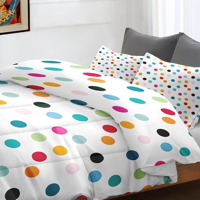Comforter Set with 2 Pillowcases King Size, Fun Colorful Polka Dots, Bed Decor White Cute Girly Colored Circles for Kids and Adults, Soft Cozy Bedroom Bedding Set
