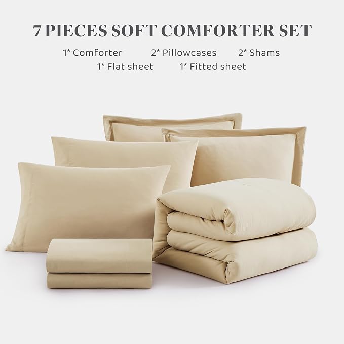 WRENSONGE Oversized Queen Comforter Set - 7 Pieces Beige Bed in a Bag Queen with Sheets, 2 Pillow Shams, and 2 Pillowcases- Warm Bedding Sets Queen for All Season