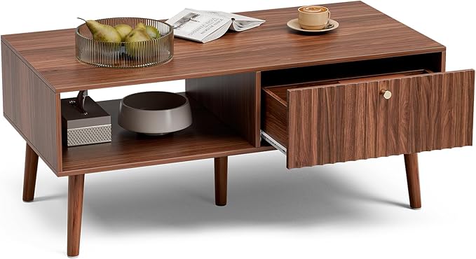 Coffee Table with Storage, Mid Century Dining Table with Fluted Drawer and Solid Wood Legs, Small Coffee Tables for Living Room, Walnut