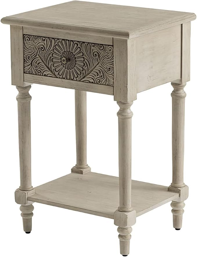 HOMPUS Fully Assembled Farmhouse Nightstand with Drawer and Shelf, Vintage Nightstand with Flower Pattern, Wood End Table, Small Bedside Table Night Stand for Living Room, Bedroom, Distress White