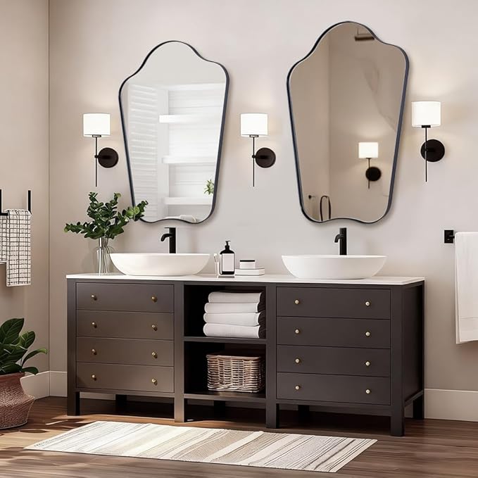 ANDY STAR Scalloped Bathroom Mirror, 24x36 Black Irregular Mirror with Curved Design, Wavy Wall Mirror for Vanity, Powder Room, Stainless Steel Frame, Anti-Rust