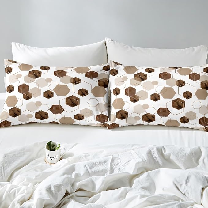 Erosebridal Brown Geometric Duvet Cover | Royal Blue Modern Abstract Kids Bedding Sets Geometric Marble Art Bed Set Twin | Watercolor Hexagon Print Bed Cover for Men Women
