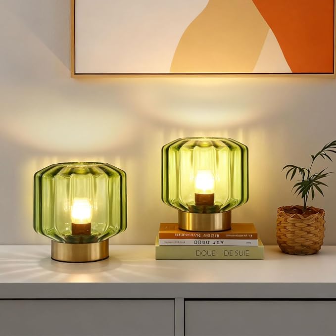 small Table Lamp touch Table lamp Mid Century Modern Table lamp Gold Desk lamp nightstand lamp Mini Glass Table lamps with Green shade Bedside Table light for end table Bedroom Living Room Office