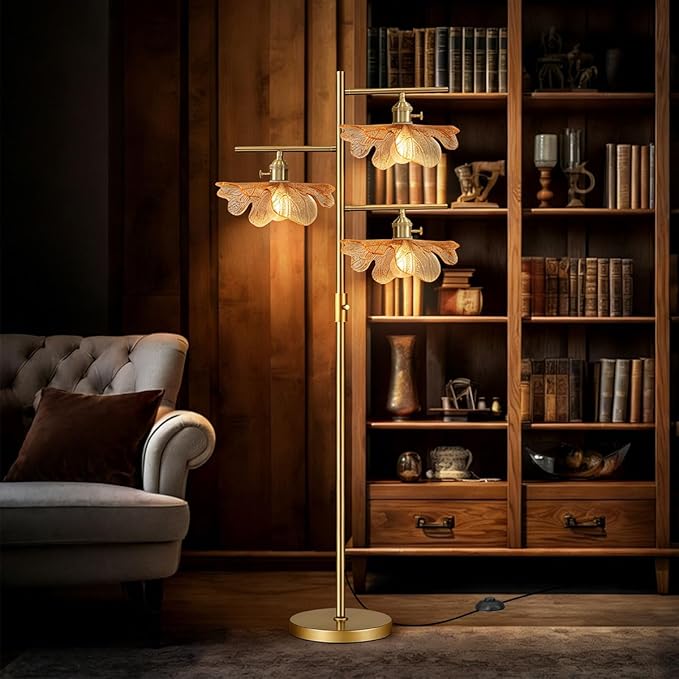 Amber Glass Floor Lamp, Dimmable Gold Standing Lamp with Leaf Lampshade, Three-Way Switch Control, 3-Light Tree Floor Lamp Mid Century Modern Tall Lamp for Living Room Bedroom Office Study