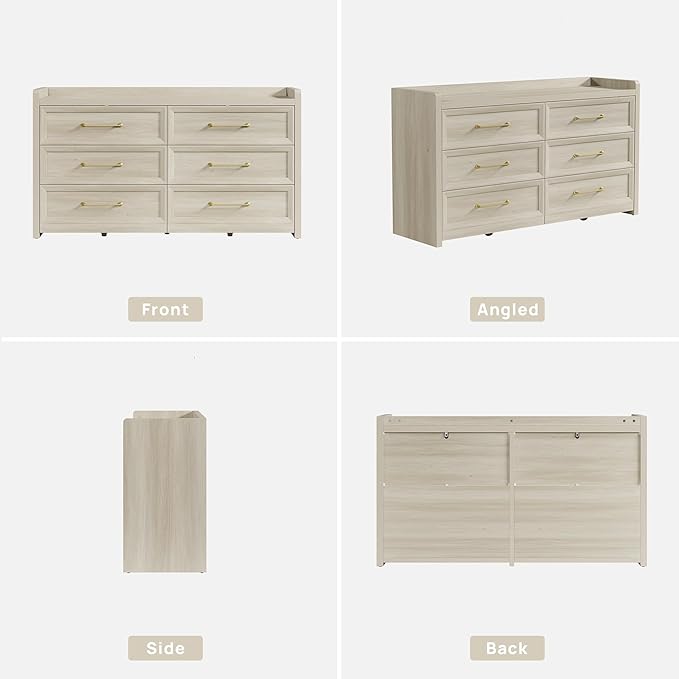 SICOTAS 6 Drawer Dresser for Bedroom-56.4" Extra-Wide Wooden Chest of Drawers with Large Storage, Long Dresser TV Stand with Drawers, Farmhouse Closet Dressers for Nursery Living Room, Grey White Oak