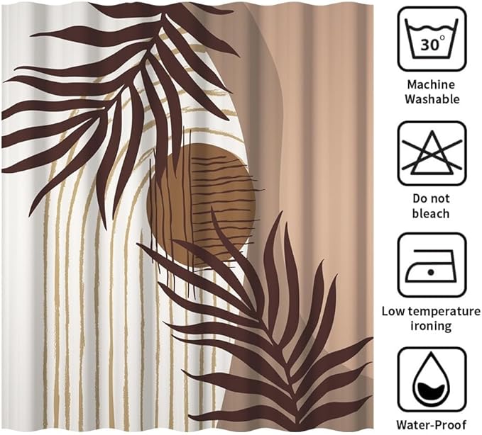 Modern Bohemia Shower Curtain for Bathroom Brown Abstract Minimalist Bathroom Set Decor Stripes Arch Sun Palm Leaves Chic Aesthetic Washable Waterproof Polyester Fabric with Hooks 70x72 Inch