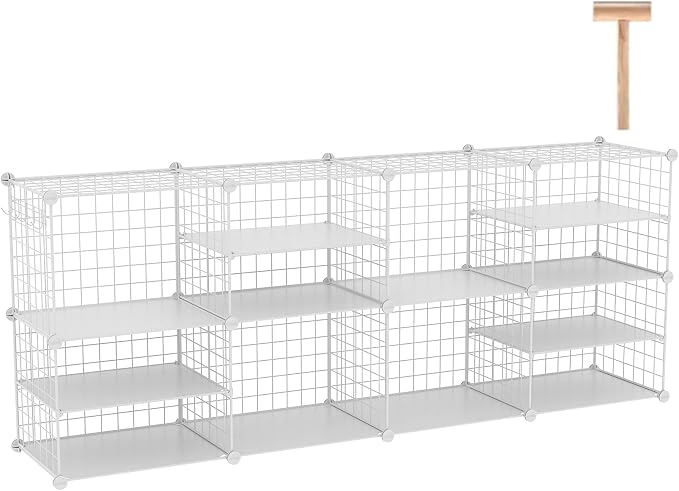 C&AHOME Wire Cube Storage Unit, Interlocking Metal Wire Organizer with Divider Design, Modular Cabinet with Plastic Panels, Bookshelf Stackable Closet Organizer with Small Hooks, White UWCSIM08W