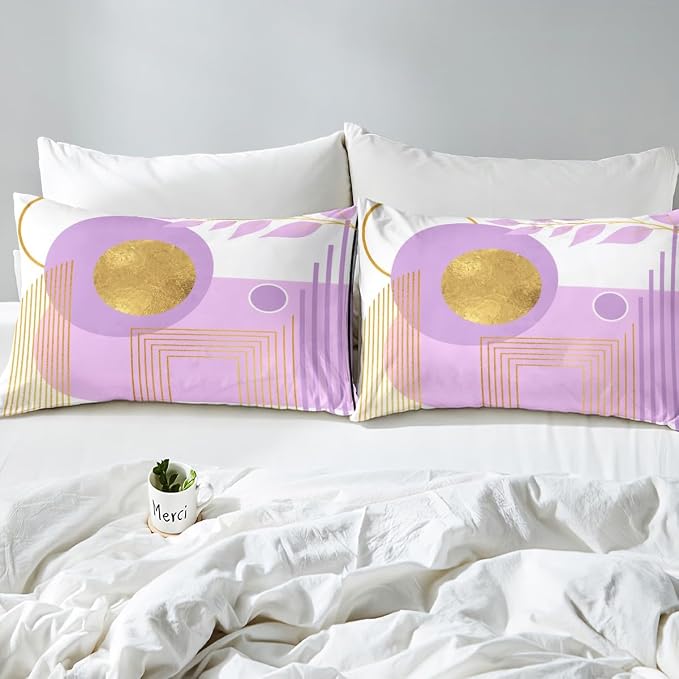 Erosebridal Purple and White Abstract Boho Queen Comforter Cover Minimalist Aesthetic Neutral Duvet Cover Mid Century Modern Bed Set Botanical Leaves Geometric Bedding Set