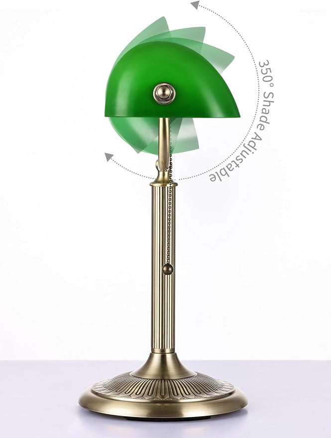 1-Minute Quick-Change Shade Classic Green Glass Bankers Desk Lamp for Study, Office, Library, LED Bulb Included