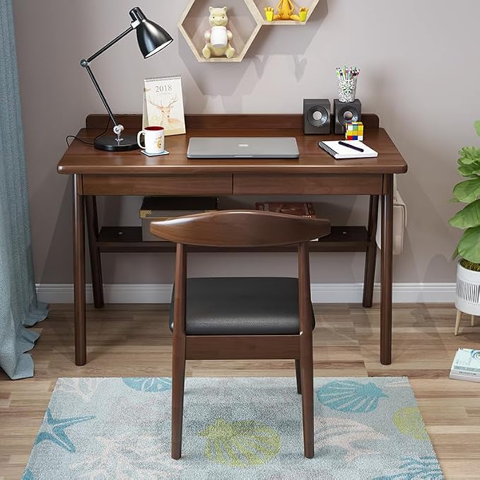 Ytaoka 47" Solid Wood Mid Century Modern Desk with 2 Drawers & 1-Pack Solid Wood Chair Bundle for Home Office or Study Room – Walnut Finish