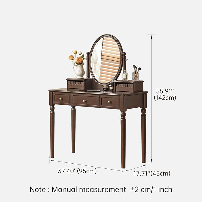 Vintage Vanity Desk with Rotating Mirror, Solid Walnut Dressing Table for Bedroom, Dark American Style Vanity, 37" W x 18" D x 56" H