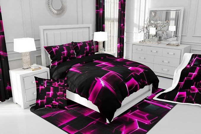 Erosebridal Honeycomb Square Comforter Set for Kids Girls 3D Geometric Square Bedding King, Pink Black Neon Lights Bedding Sets, Gradient Print Duvet Insert with 2 Pillow Cases