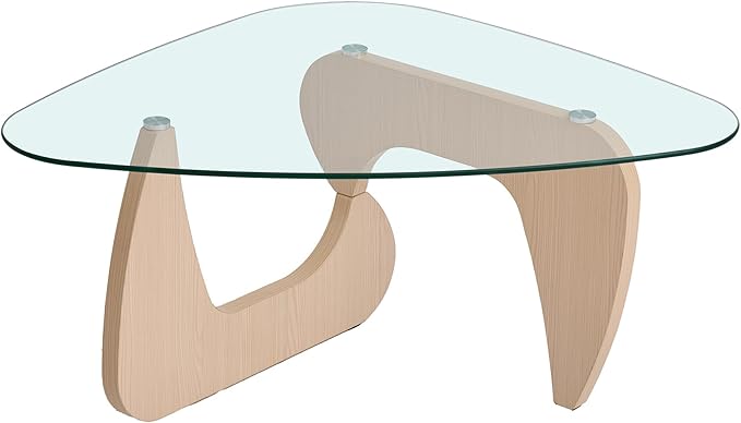 43.3'' Modern Glass Coffee Table with Geometry Base,Triangle Shape Coffee Table for Living Room Office, Natural Oak Finish Wood Base, Mid-Century Style Cocktail Center Table for Small Space