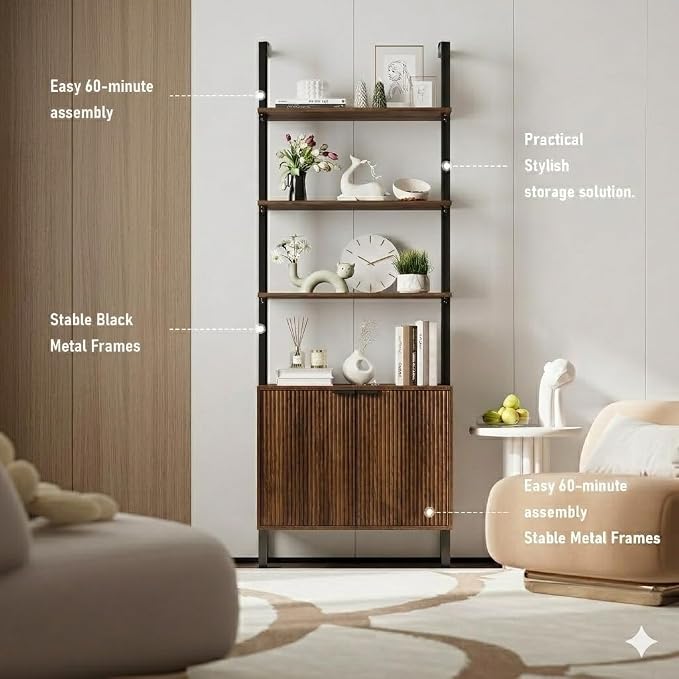 INNOD 74" Tall Bookshelf with Storage Cabinet, Modern Ladder Shelf with Wood and Metal Frame, Wall Mount Bookcase Open Display Shelf Furniture for Living Room, Bedroom, Home Office, Walnut