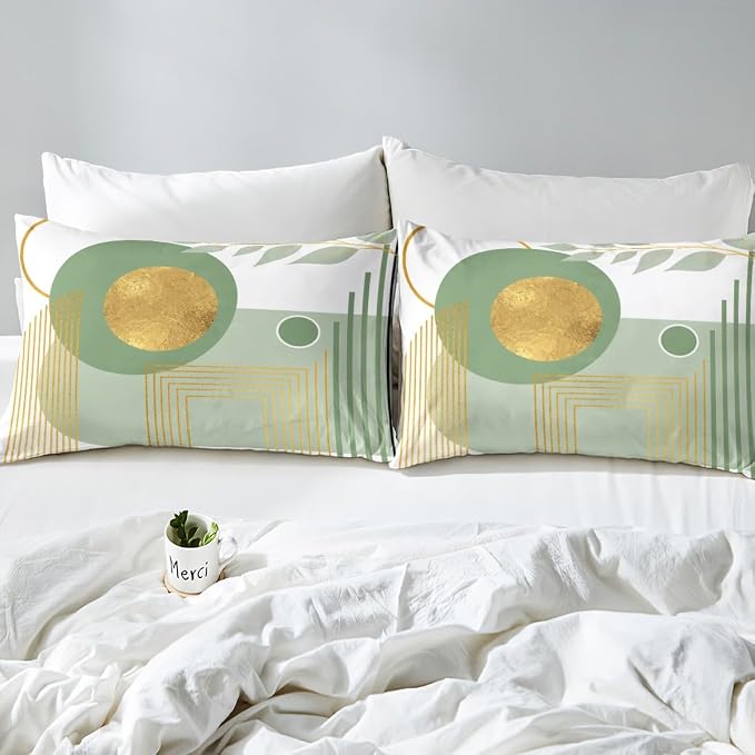 Erosebridal Green Abstract Boho Duvet Cover Full Size Mid Century Modern Comforter Cover Minimalist Aesthetic Neutral Bedding Set Botanical Leaves Simple Bed Set