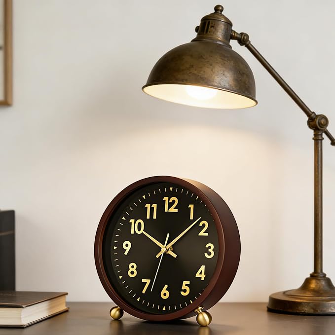 Maxspace Wooden Table Clock,8in Silent Non-Ticking Desk Clockwith Gold Ball Base, Battery Operated Desktop Analog Clock for Living Room Office Bedroom Decor (Black Gold - Walnut, Copper Ball Base)