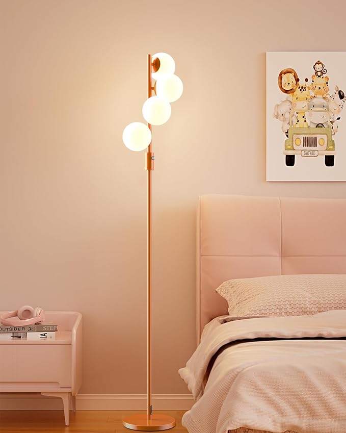 Lightdot 64IN Dimmable Globe Floor Lamp, Orange Pole Standing Lamps with 4PCS 3000K Bulbs Included Soft Warm White Eye Care, Mid Century Modern Floor Lamp for Living Room/Sofa Beside/Corner Decor