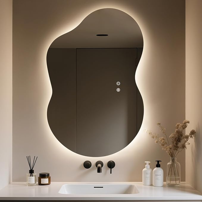 WallBeyond 36"x24" Irregular LED Bathroom Mirror with Lights, Asymmetrical Backlit Vanity Mirror for Powder Room or Makeup Area, Dimmable & Anti-Fog, Dual Mounting