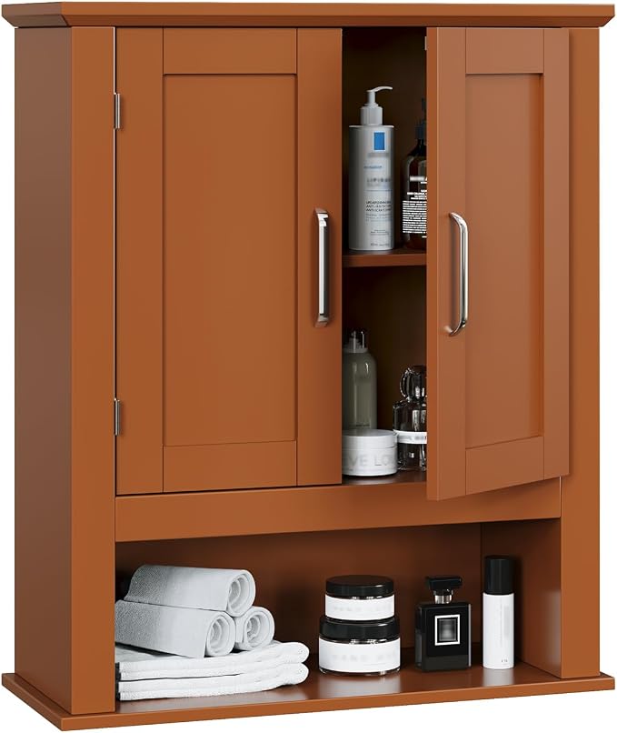 VINGLI Bathroom Wall Cabinet, Black Wall Mounted Storage Cabinet for Bathroom Over the Toilet, Medicine Cabinet with 2 Doors and 3-Height Adjustable Shelf & Open Shelf, Painted MDF, Space Saving
