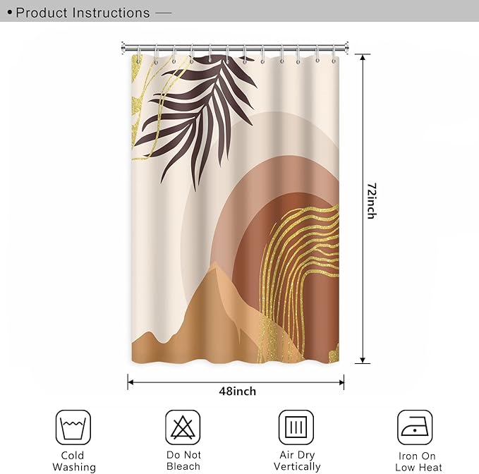Abstract Mid Century Boho Bathroom Shower Curtain - Eucalyptus Leaves, Gold Lines, Mountains - Waterproof Polyester Fabric With Hooks for Home Decor, 48x72 Inch