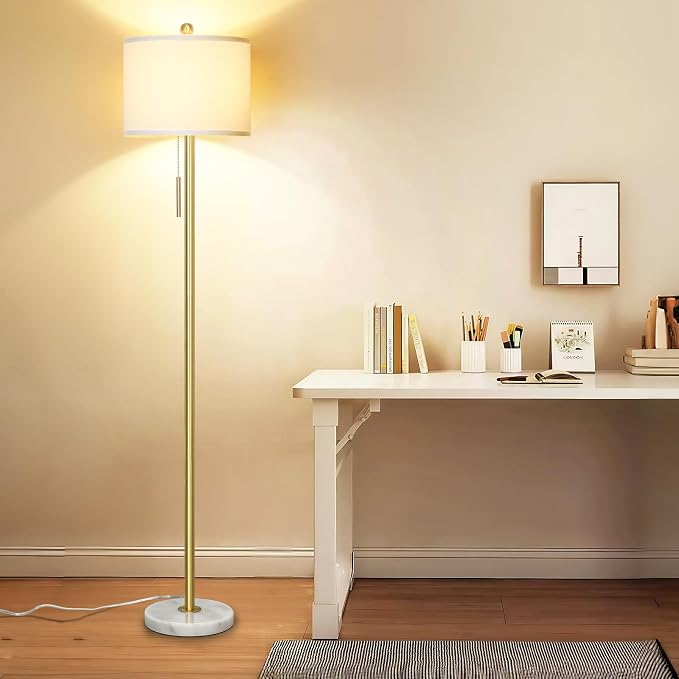 Qingmiao 【Upgraded】 Dimmable Gold Floor Lamps for Living Room, 63in Modern Standing Lamp with Marble Base, Tall Pole Light with White Linen Shade for Bedroom Reading Office Corner Nursery