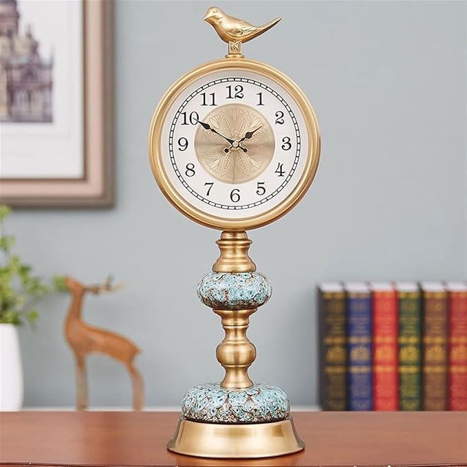 Desk Clock Metal Decorative Table Clock Desk Clock Ornaments Light Luxury Creative Clock Ceramic Body Suitable Home Bedroom Decor (Color : Brass)
