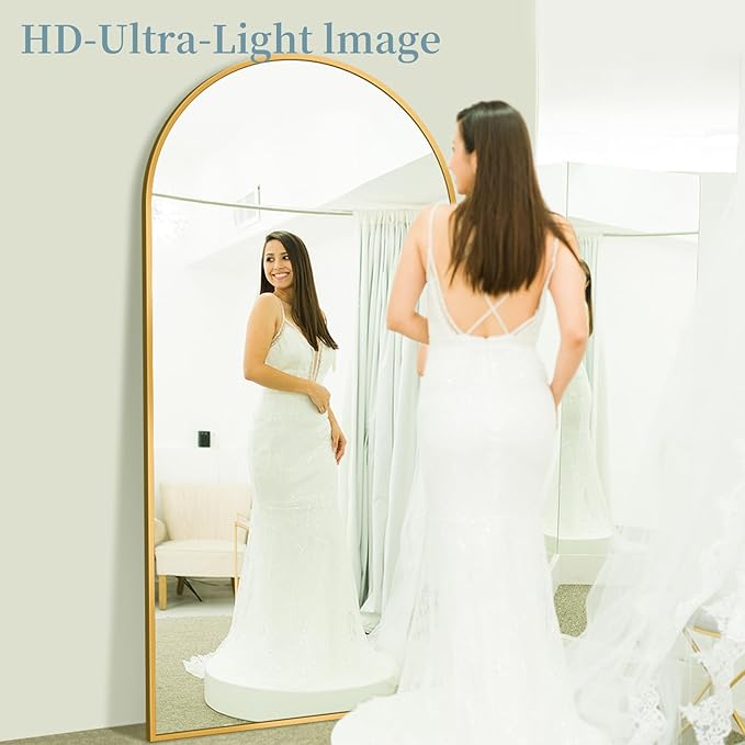 Full Length Mirror with Stand, 76"x44" Arched Full Body Mirror, Large Stand Up Mirrors, Aluminum Frame Floor Standing Mirrors, Freestanding Hanging Leaning Mounted for Bedroom Living Room, Gold