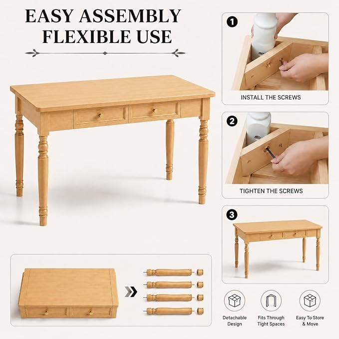 Walnut Writing Desks with Drawers, 47" Solid Wood French Country Style Computer Desk for Home Office, Living Room Study Workspace or Bedroom, Traditional Vanity Dressing Table