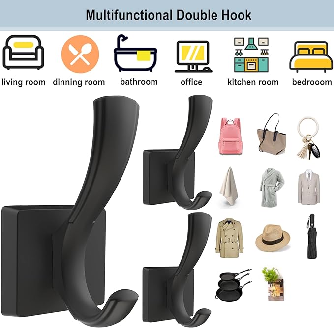 TOFIIGREM Black Towel Hooks, Coat Robe Hooks Bathroom Entryway Mudroom Pool Hooks for Wall Mount Hanging Towels Bathrobe Key Hat Backpack (2 Pack, Black)